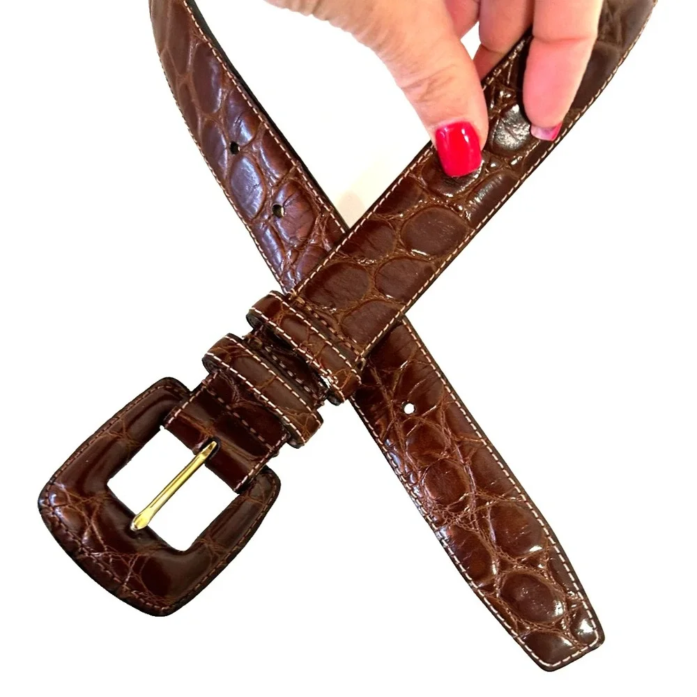 1990s Calfskin Leather Croc Belt Size Small Brown Embossed Made in USA NEW